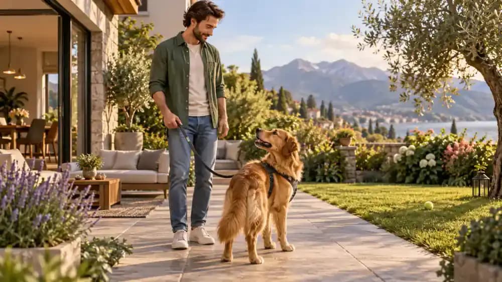 Dog wearing a comfortable harness and loose leash turning away from a clean tennis ball on a fenced backyard patio while its owner supervises.