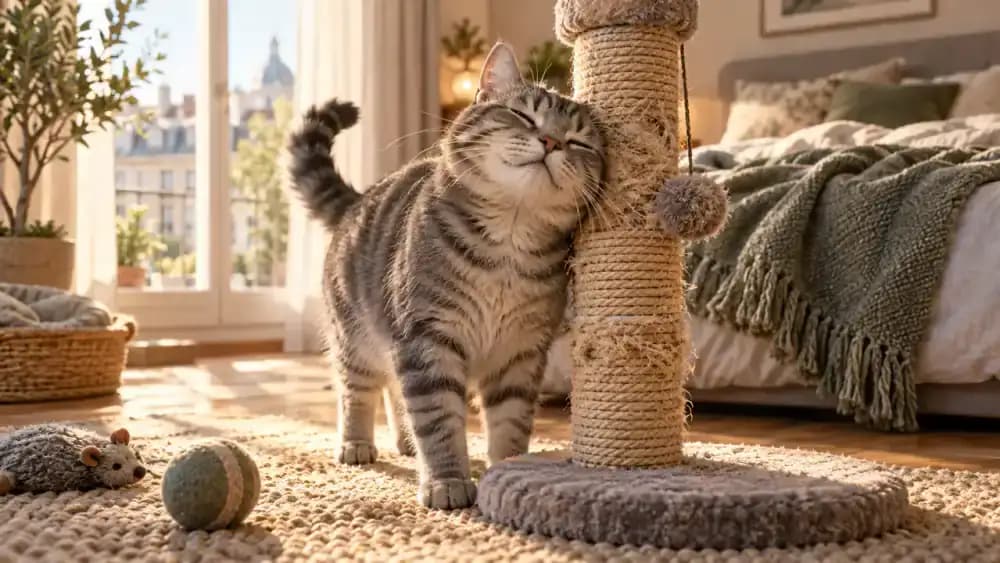 Gray tabby cat rubs its cheek against a familiar sisal scratching post in a sunlit bedroom beside a well-used knitted blanket, while the owner puts a cleaning spray bottle into a closed cabinet.