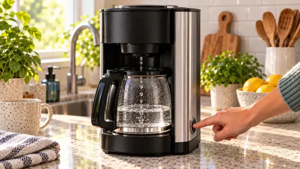Close-up of a coffee maker running a full fresh-water rinse cycle with an empty filter basket, clear reservoir water, and rinsed carafe collecting liquid.