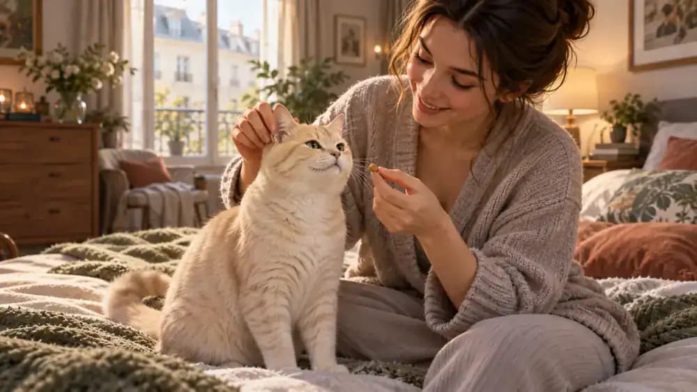 Cream-colored cat calmly accepting a brief touch to the outer ear before receiving a treat