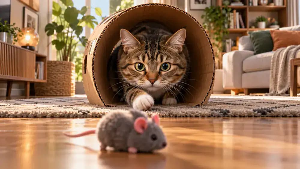 Cat waiting inside a tunnel to ambush a toy