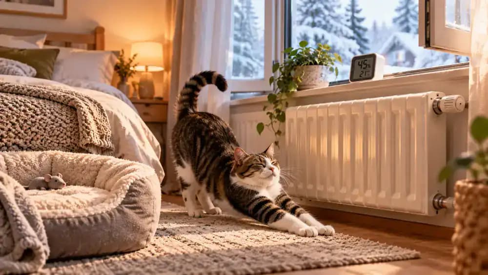 Domestic shorthair cat stretching beside a radiator in a bright winter bedroom with clean pet bedding, folded blankets, a digital humidity monitor, and an owner opening a window for ventilation.