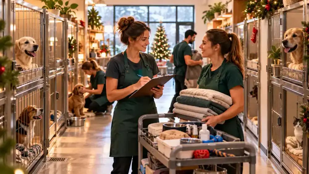 Busy pet boarding facility with caregivers coordinating animal care, supervisor reviewing daytime and overnight staff assignments, employees checking pets individually, and staff exchanging information during a shift change.