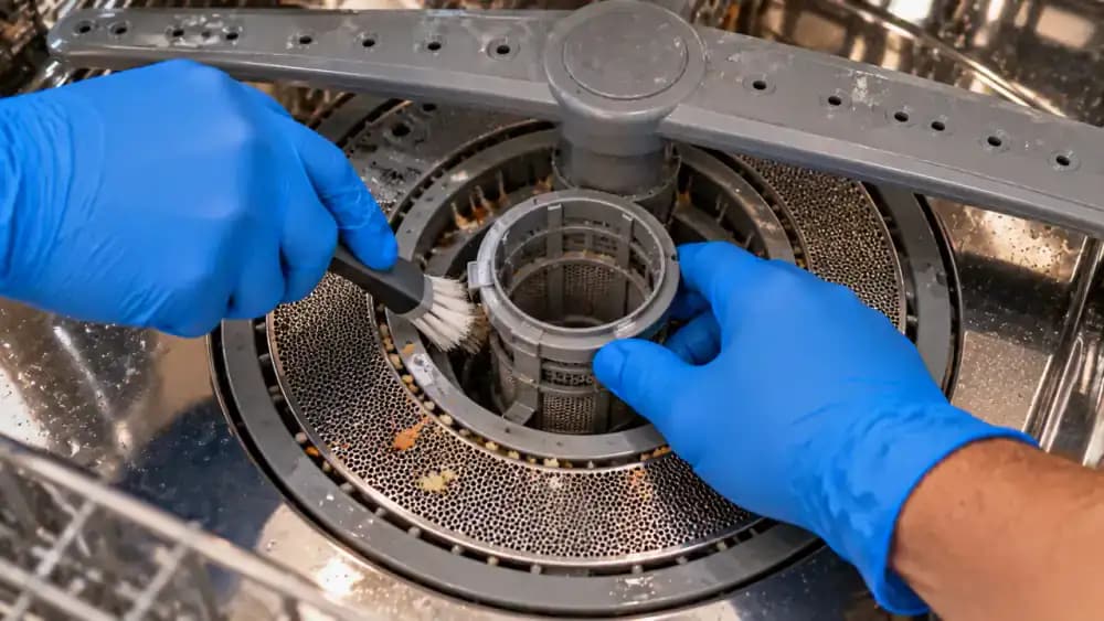 Overhead close-up inside a dishwasher showing a gloved adult brushing crumbs from the filter locking tabs onto a damp cloth and wiping the circular filter sealing surface while leaving the drain opening untouched.