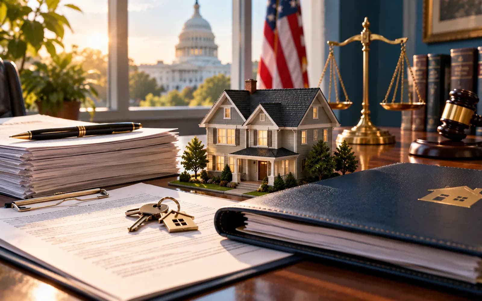 Federal housing law documents beside a home model