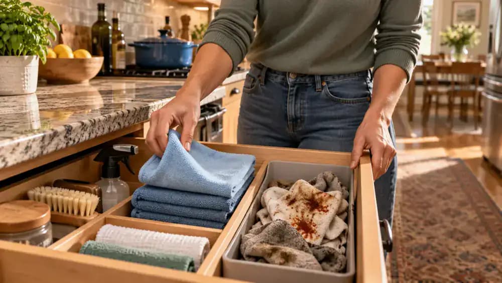 Adult hands organizing a clean sage-green microfiber cloth in a shallow kitchen utility drawer with a woven cotton organizer beneath a butcher block countertop and dark hickory cabinets, while a grease-stained gray cleaning rag remains separate near the stove.