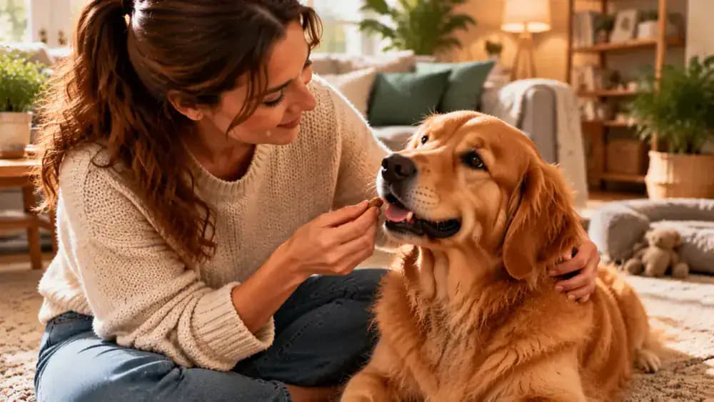 Owner practicing gentle handling with a relaxed dog in the living room, briefly touching its shoulder and cheek before offering a small treat.