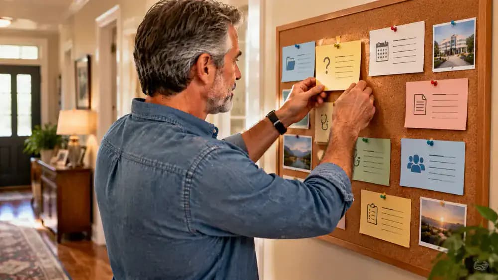 Adult patient arranging fictional question cards on a corkboard, placing Confirm Missing Records first, followed by Follow-Up Arrangements and Accessing Visit Notes, with a blank notepad ready for appointment answers.