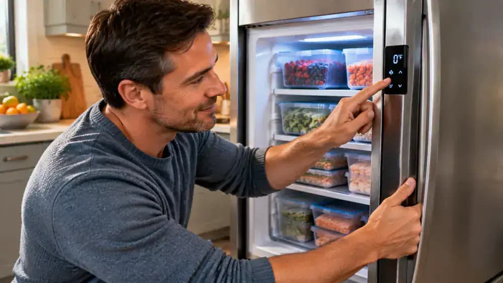 Homeowner checking a freezer temperature display while closing the freezer door to verify the door seal and alignment