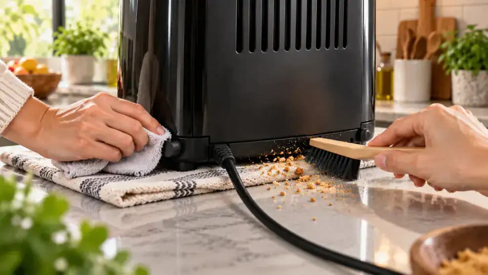 Unplugged appliance tilted on a folded towel while one hand wipes the rubber feet with a damp microfiber cloth and a dry soft brush clears crumbs from the underside edge.