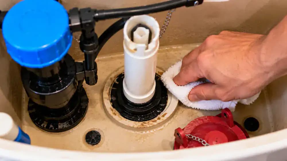 Extreme close-up inside a drained white toilet tank showing a homeowner gently wiping mineral deposits and rubber residue from the exposed circular flush valve seat with a soft, damp microfiber cloth, with the overflow tube and flapper mounting pegs visible.