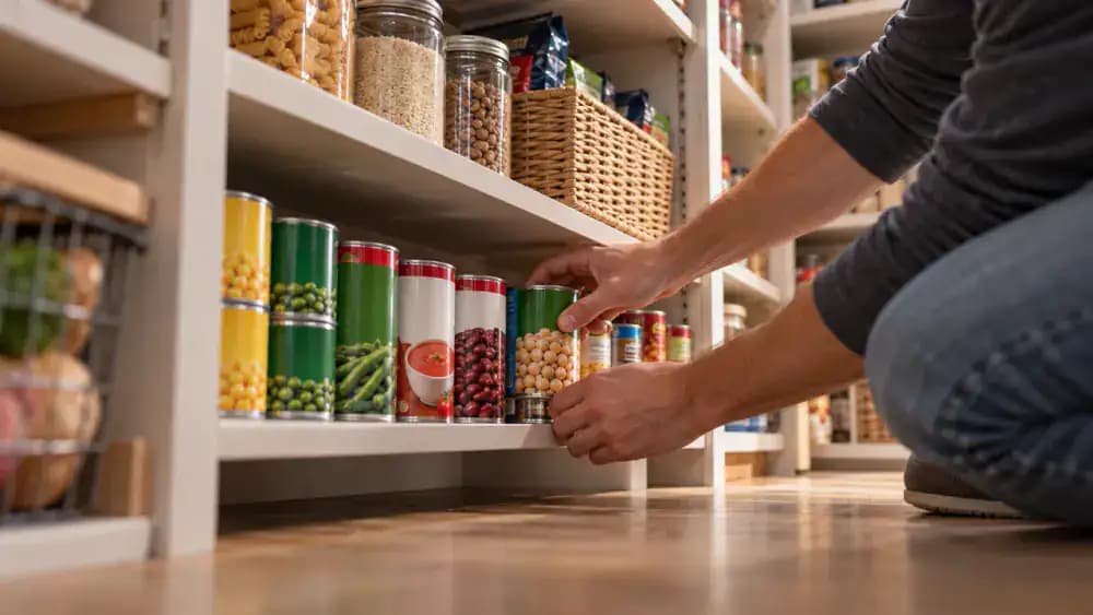 Floor-level view looking upward into an open kitchen pantry as a person arranges canned vegetables, soups, and beans upright in separate single rows on a dry lower shelf, with labels facing forward and organized snacks and baking supplies visible above.