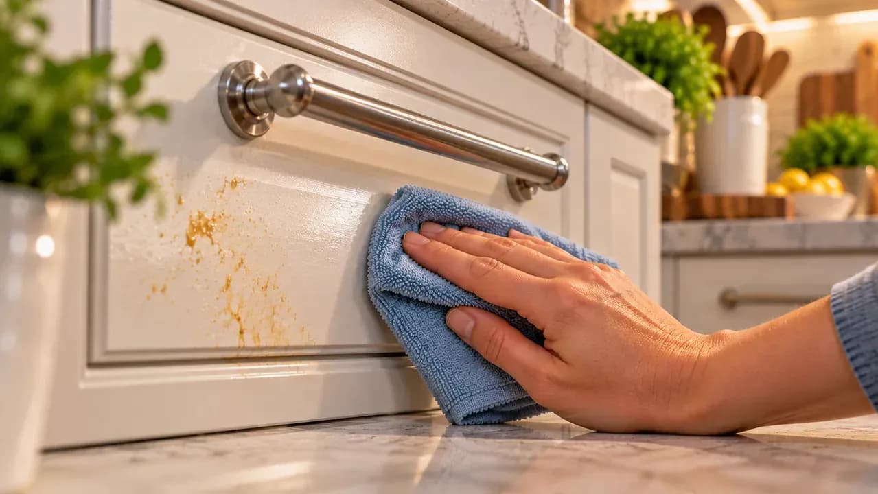 Close-up of a hand drying a freshly cleaned painted cabinet spot with a clean microfiber cloth while side lighting shows an even finish.