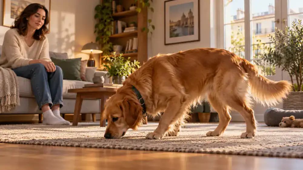 Dog methodically sniffing a quiet room while the owner sits nearby