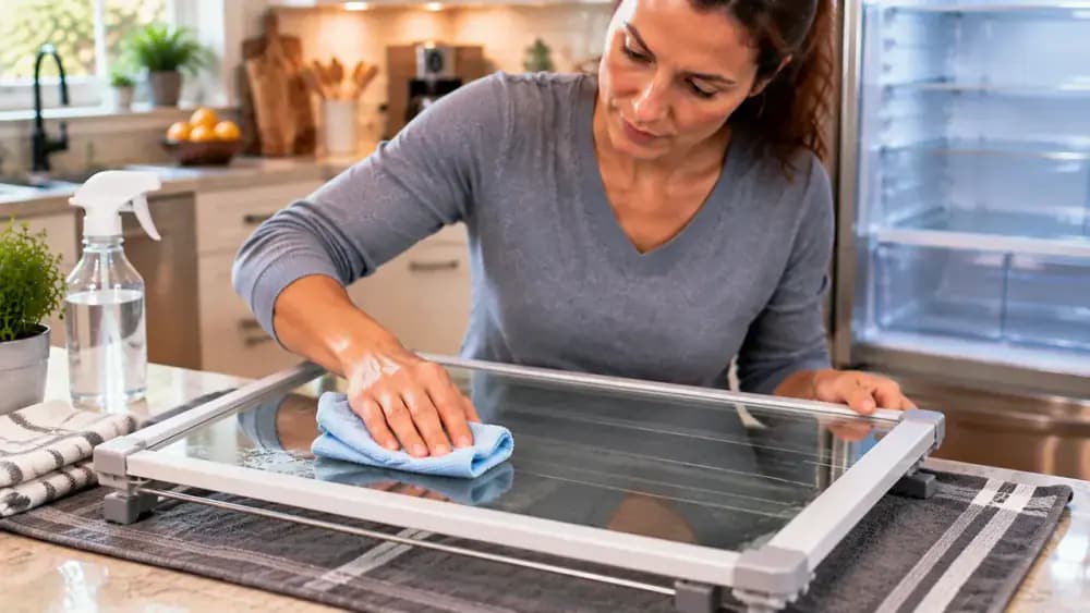 Person wiping a refrigerator glass shelf with a microfiber cloth on a raised drying rack to remove loosened residue from the surface