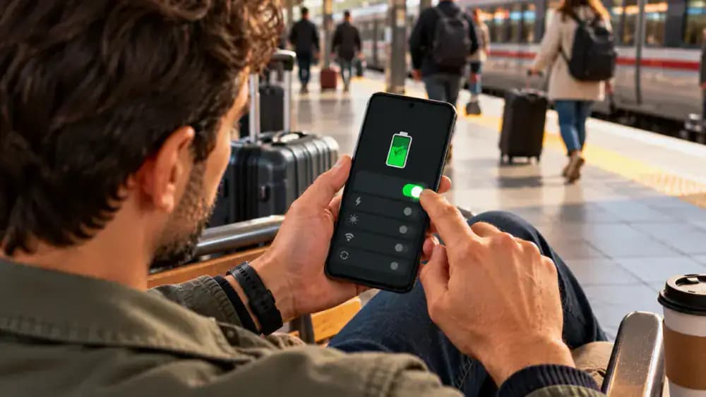 Adult traveler holding an Android smartphone in a train station waiting area, showing Settings, Battery, and the Battery Saver screen as the switch changes from off to on and a battery-saving status icon appears.