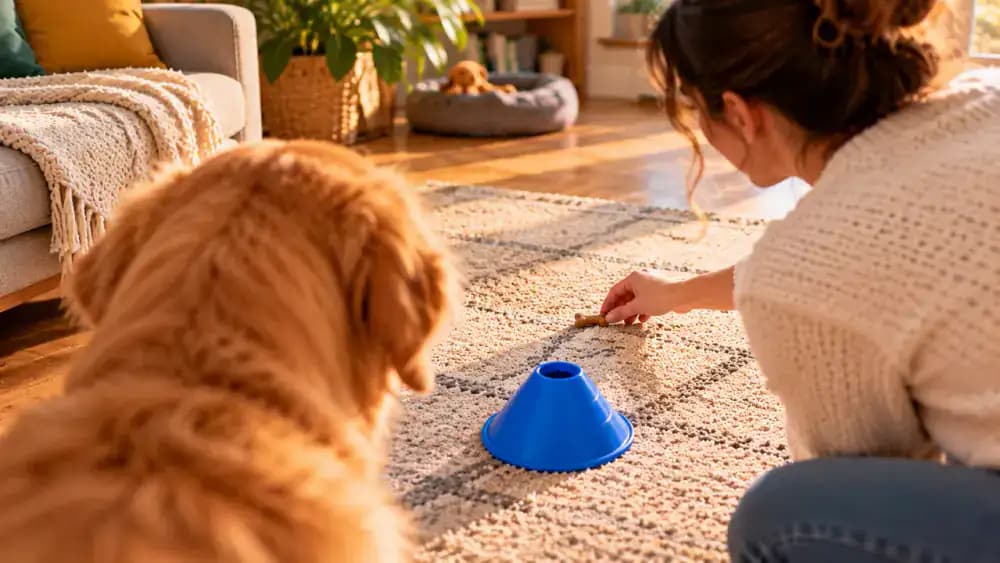 Dog completing a gentle turn around a low foam marker while its owner places a treat on a clear section of the rug, allowing the dog to collect it and return to the starting position.