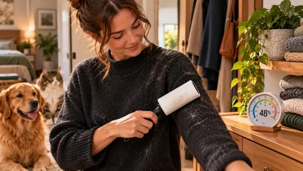 Lint roller removing cat hair from a synthetic sweater beside a humidity gauge