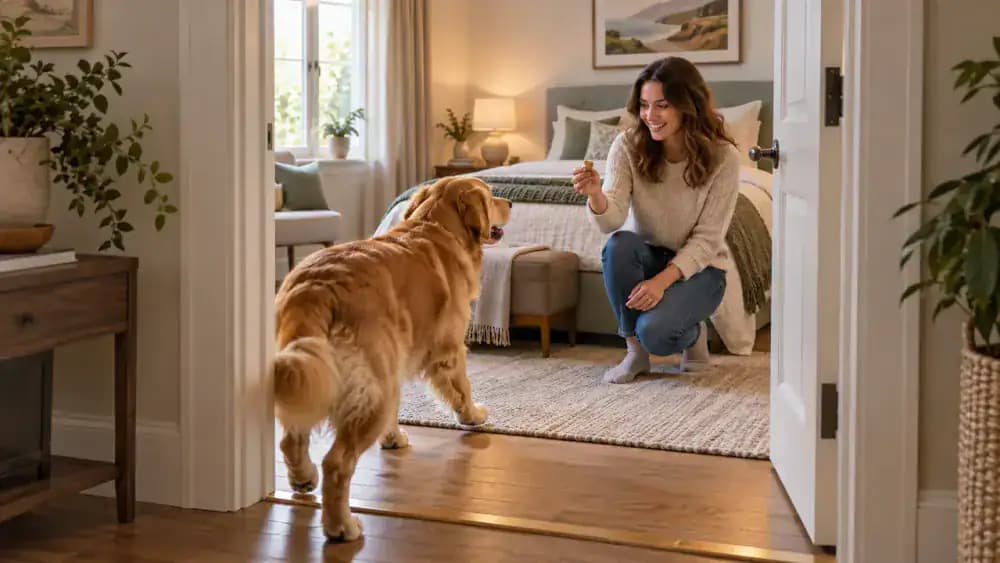 Golden retriever crossing an open bedroom doorway toward an owner waiting with a treat