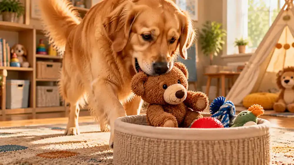 Golden retriever dropping a small plush bear into a shallow fabric basket while its owner encourages the cleanup game.