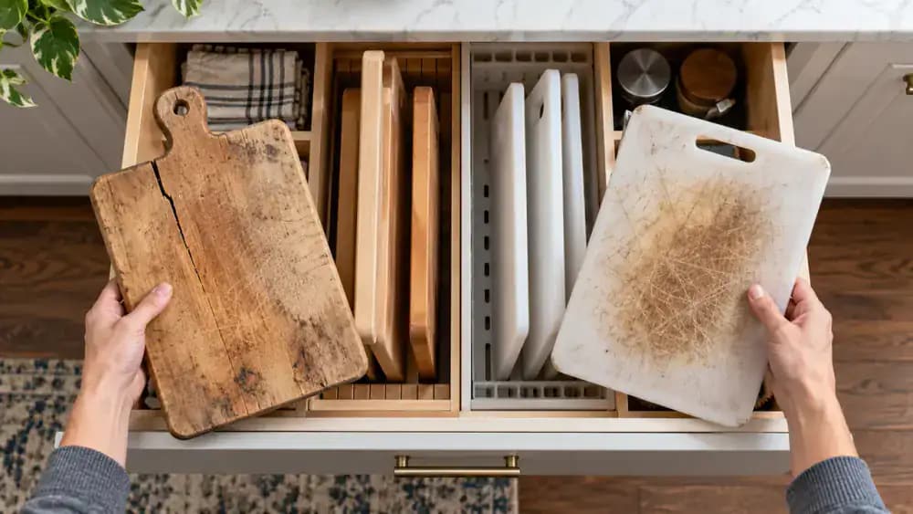 Overhead view of cracked wooden and deeply scored plastic cutting boards being discarded while new smooth boards are checked for care instructions and labeled separately for raw meat and ready-to-eat foods.