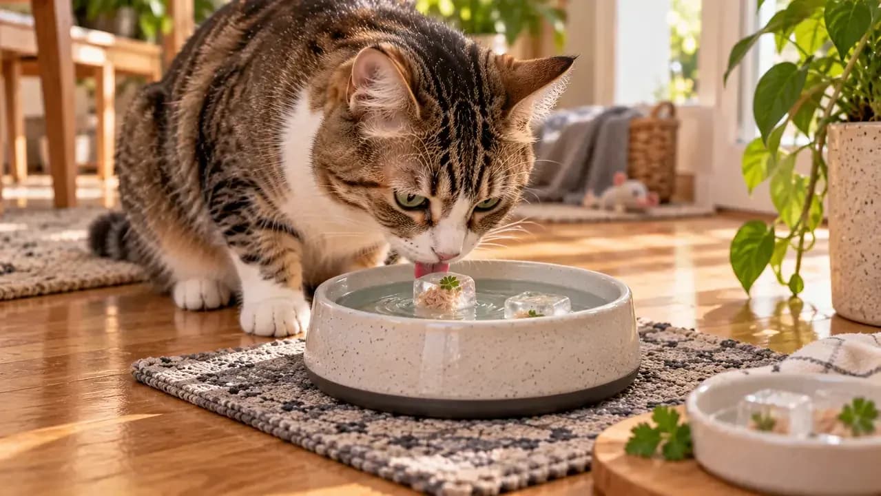 Curious cat investigating a flavored ice cube melting in a separate water bowl