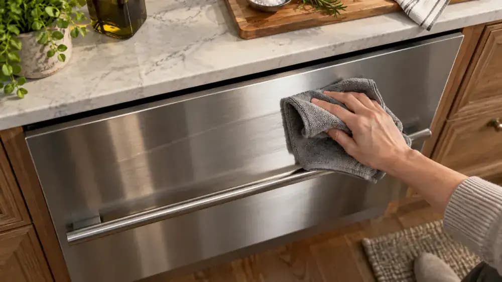 Top-down close-up of a hand refolding a used microfiber cloth to expose a clean dry side before wiping a stainless steel warming drawer with the grain.
