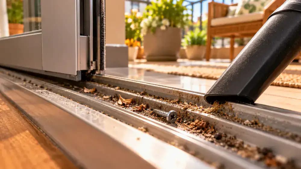 Close-up of a sliding balcony door track containing dirt and a loose screw, followed by an owner cleaning the channel with a narrow vacuum attachment and brush while the family dog remains safely indoors.
