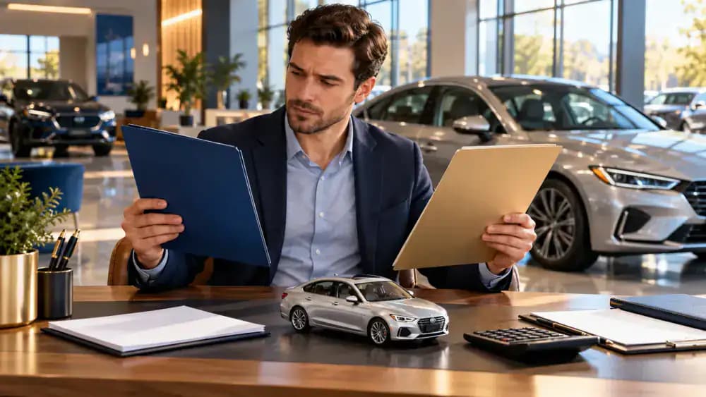 Car shopper weighing two blank loan folders beside a polished miniature vehicle.