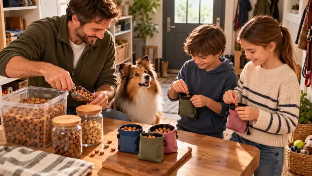 Three family members organizing measured dog training treats into reusable pouches beside a transparent reward container and responsibility chart while a calm Shetland Sheepdog sits nearby.