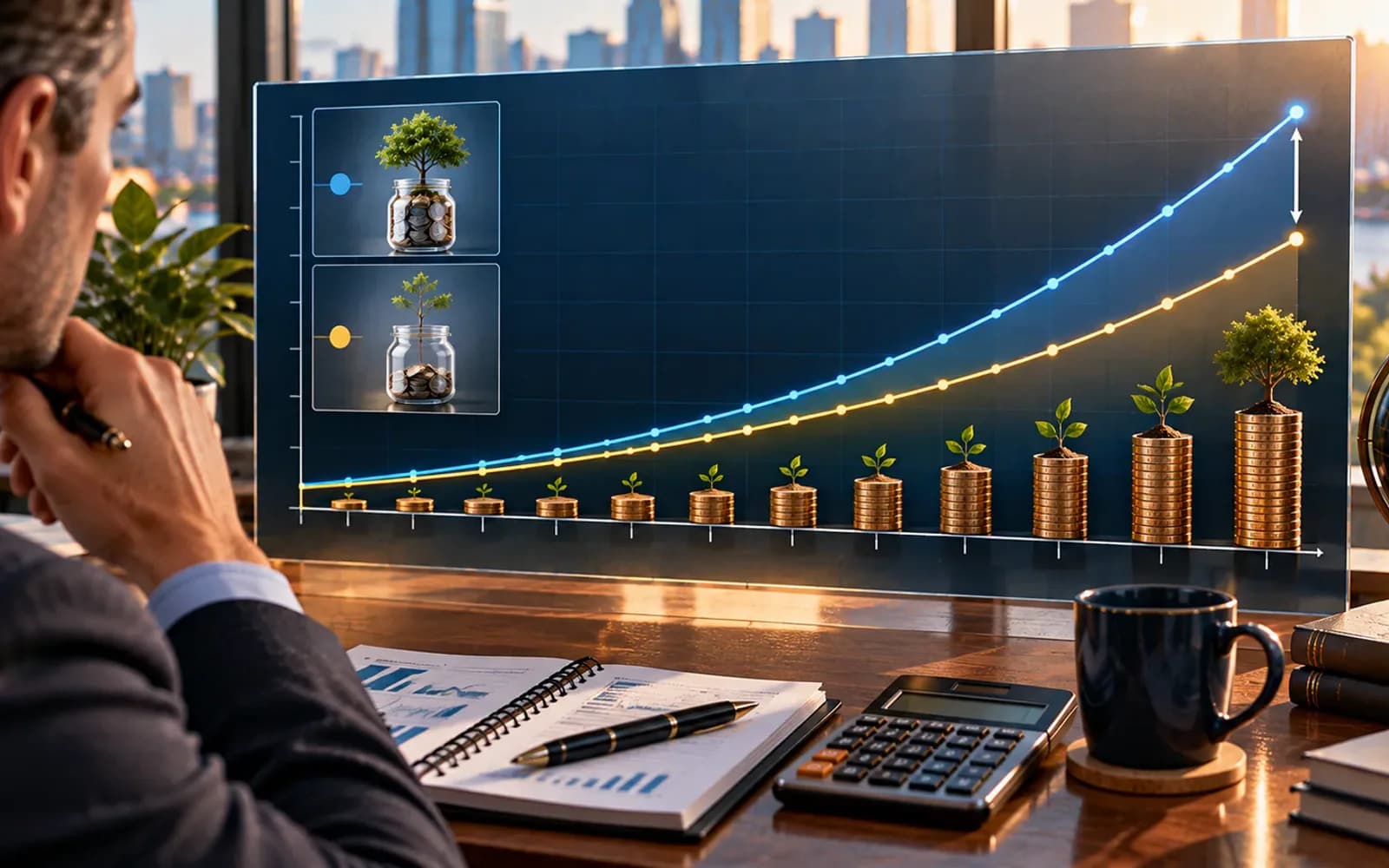 Long-term investment timeline showing fees reducing future growth
