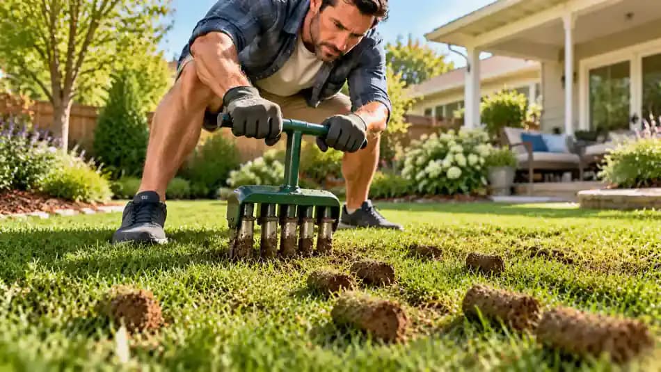 Homeowner pressing a manual core aerator into firm lawn soil, with hollow tines removing small cylindrical plugs beside yellow grass.