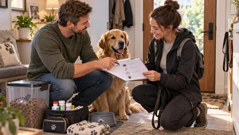 Golden retriever sitting beside its owner and pet sitter as they review written daily care instructions
