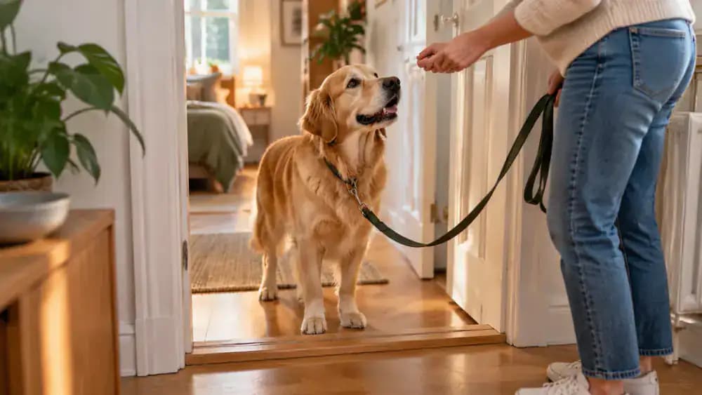 An overhead view of an owner standing comfortably beside a dog near an interior doorway, with adequate space between them and the threshold.