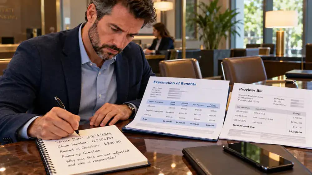 Adult in a private bank meeting room writing a call checklist beside fictional EOB and provider bill documents, with headings for service date, claim number, amount in question, and questions to ask.