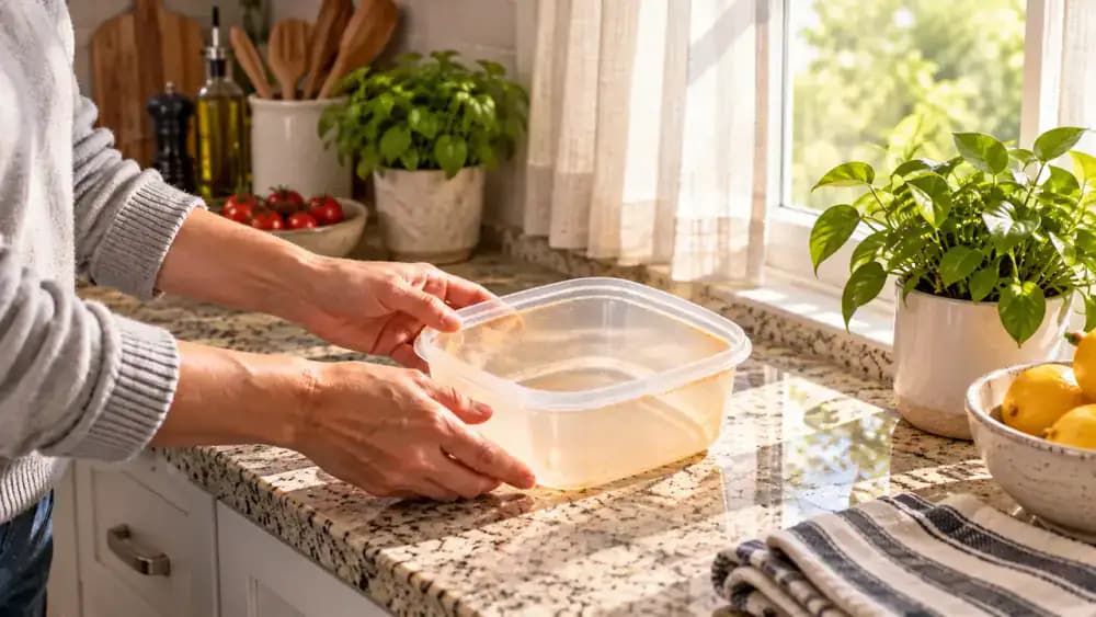 Clean, dry transparent plastic food container with orange tomato stains around its bottom and lower corners, positioned upright on a light oak table near a bright window with sheer white curtains. The detached lid rests beside it, and the silicone gasket sits separately on a white towel.