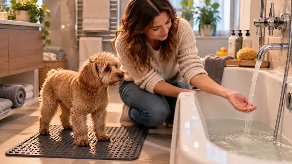 Apricot miniature poodle standing calmly on a rubberized bathroom mat beside a low basin while its owner tests running water against the inside of their wrist in a bright contemporary bathroom.