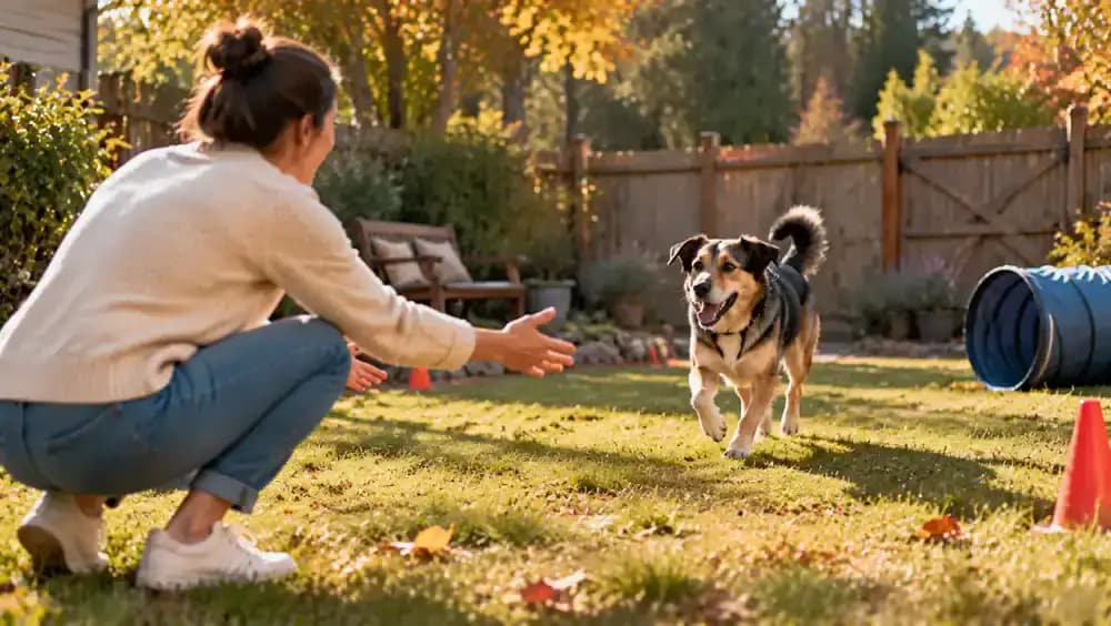 Young dog enjoying a gentle fetch session in a secure garden while an older dog rests on a shaded porch, followed by a veterinarian examining a dog's movement.