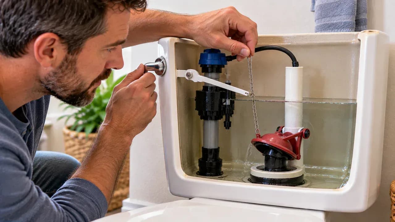 Close side view inside a drained toilet tank showing a fully closed flapper while a hand checks slight chain slack near the lever arm and adjusts the chain connection.