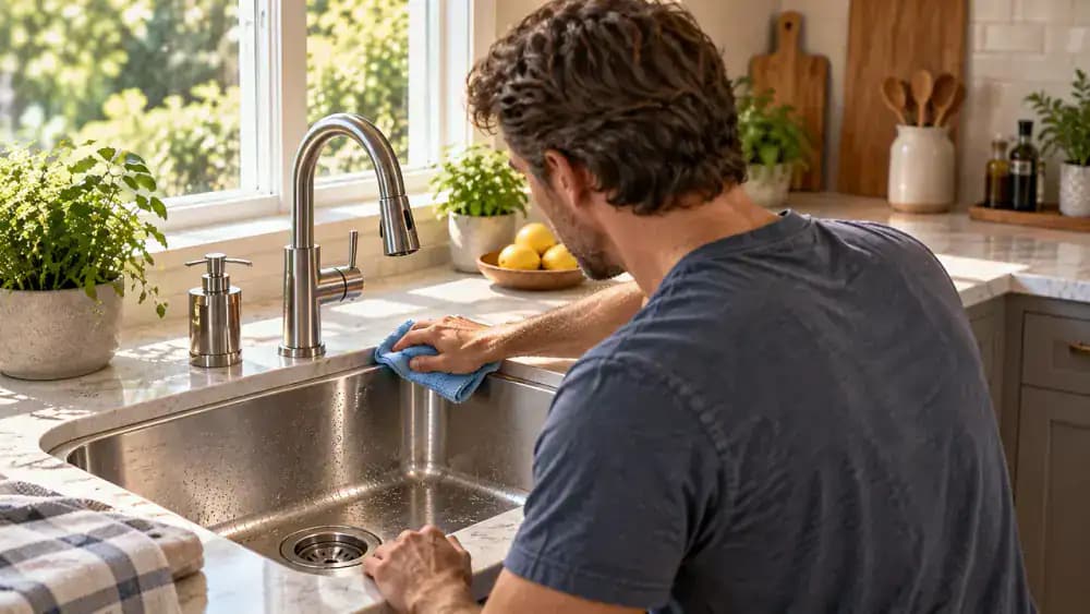 Over-the-shoulder view of a homeowner using a clean, damp white microfiber cloth to remove mineral cleaner residue from stainless steel kitchen sink edges and around the faucet mounting area, with a bowl of clean water nearby.