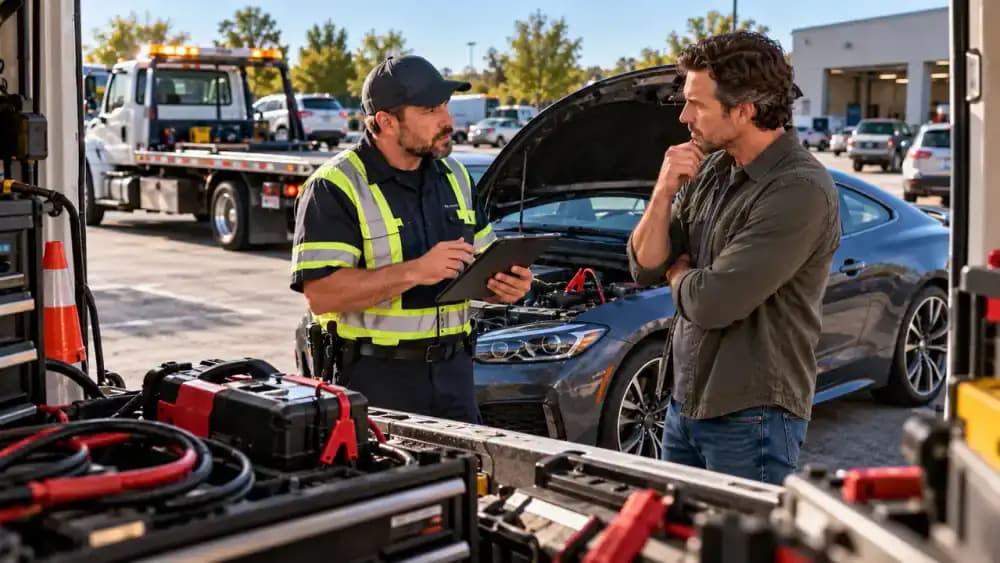 Automotive technician recording an unsuccessful jump-start attempt on a diagnostic tablet beside a stationary American coupe while preparing to arrange further diagnosis or towing.