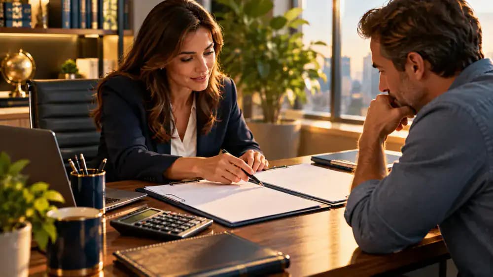 Financial counselor discussing documents with a client in a welcoming office.
