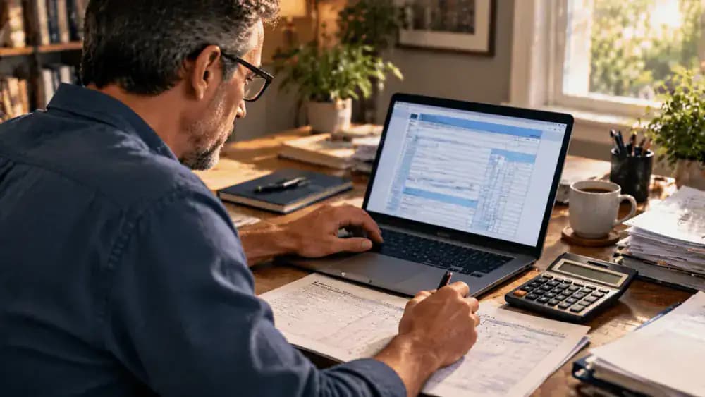 Confident adult entering figures into electronic tax forms on a laptop with a calculator nearby.