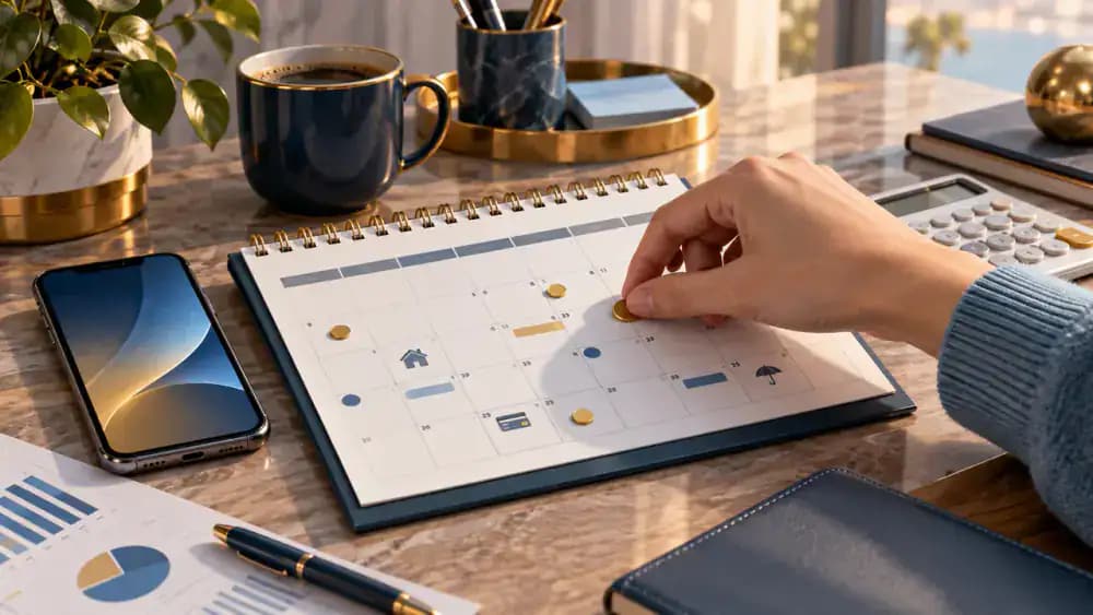 Hand marking multiple credit card payment due dates on a calendar