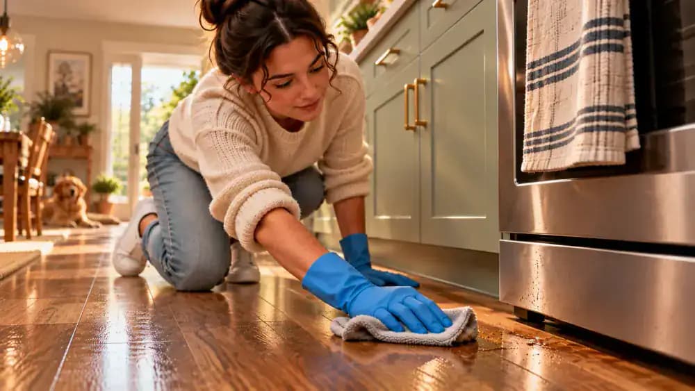 Residential kitchen entrance with a yellow wet-floor warning sign blocking access to freshly cleaned vinyl plank flooring while a person carrying a laundry basket stops at the doorway.
