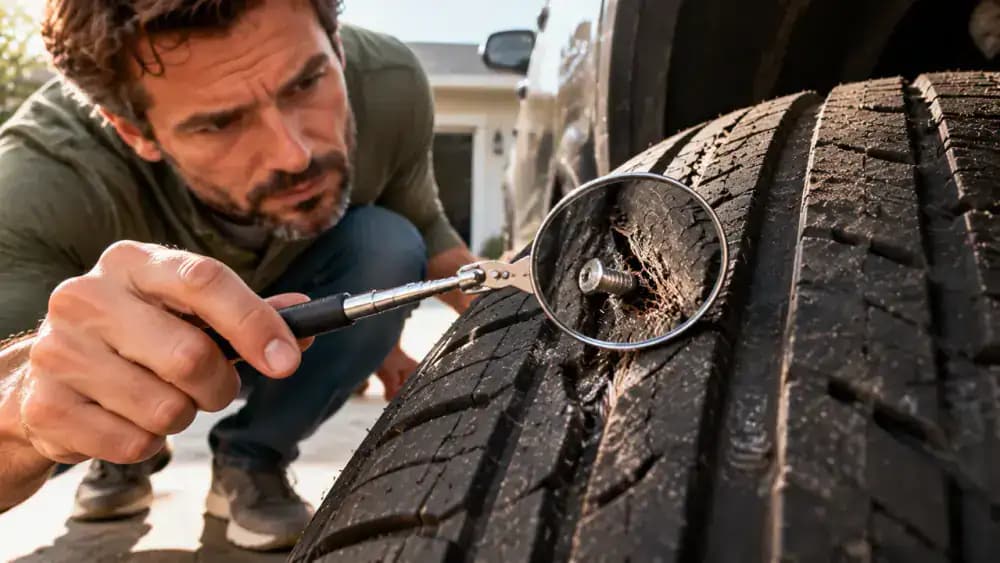 Driver crouching beside a parked SUV and using a handheld inspection mirror to examine a screw embedded in the tire tread, with missing rubber and exposed reinforcing cords visible nearby.