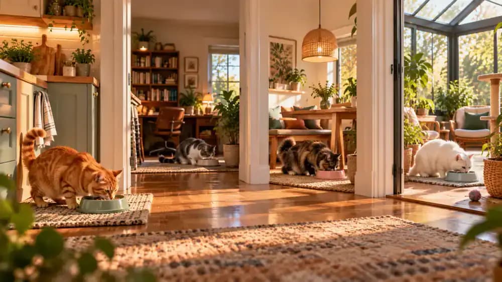 Spacious contemporary home with four cats eating separately: an orange tabby in the kitchen, a gray-and-white cat in the study, a black cat in a breakfast alcove, and a cream-colored cat in the sunroom.