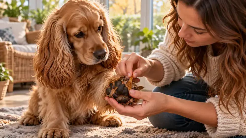 Cream-colored cocker spaniel resting on a washable mat in a sunny conservatory while its owner gently supports a paw and examines a small amber patch of tree sap caught in the fur beside a paw pad.
