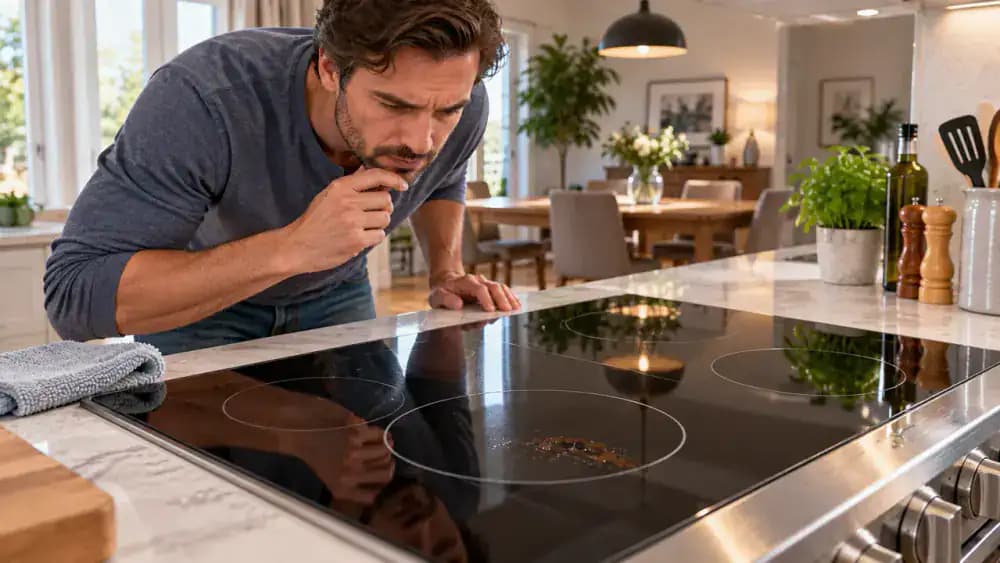 Person leaning forward to inspect a cooled black glass-ceramic electric cooktop from an angle in a sunlit modern American kitchen, with a small hardened tomato sauce deposit near the rear-left burner, a dry microfiber cloth, and a closed instruction manual on the adjacent countertop.