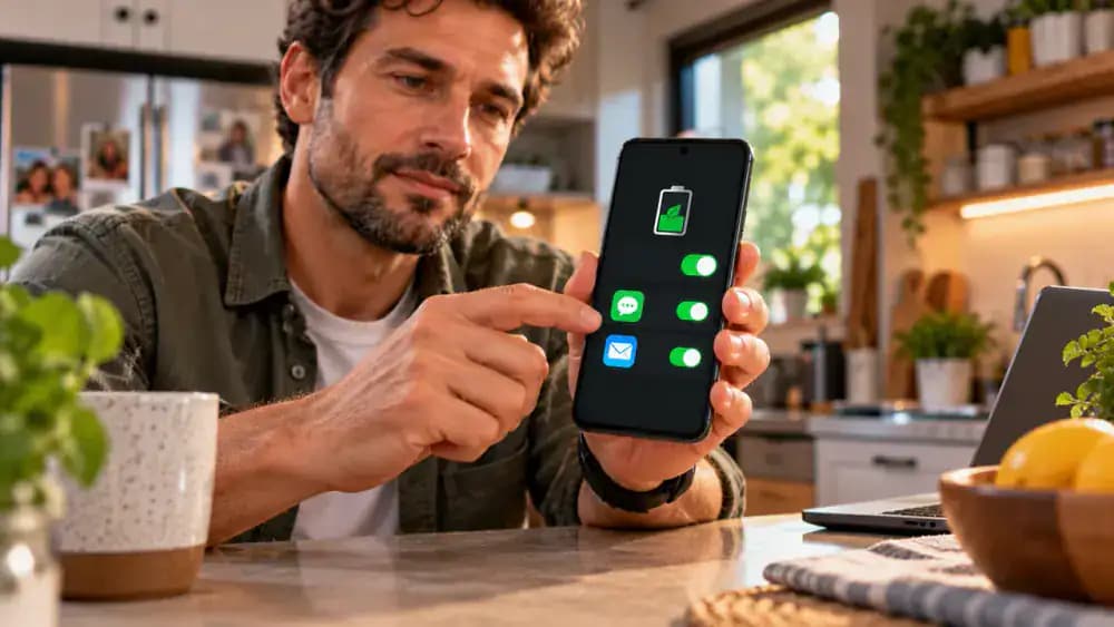Android smartphone on a transparent stand in a kitchen showing Battery Saver enabled while an adult checks fictional messaging and email apps, then opens Battery Saver settings to review background syncing and notification limitations.